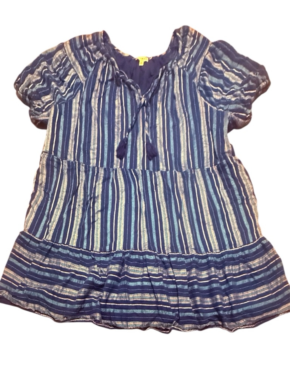 Wonderly Navy and White Striped Tassel Peasant Top